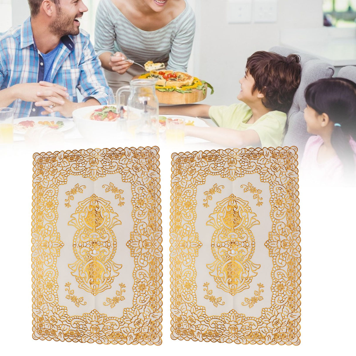 2PCS 30cmx45cm PVC Table Mat Gold Placemats Cup Coaster Pad Kitchen Wedding DecorationStyle 3