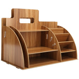 Wood Desktop Organizer Innovative Cosmetics Stationery Storage Rack for Home OfficeCherry Wood Color - Front View