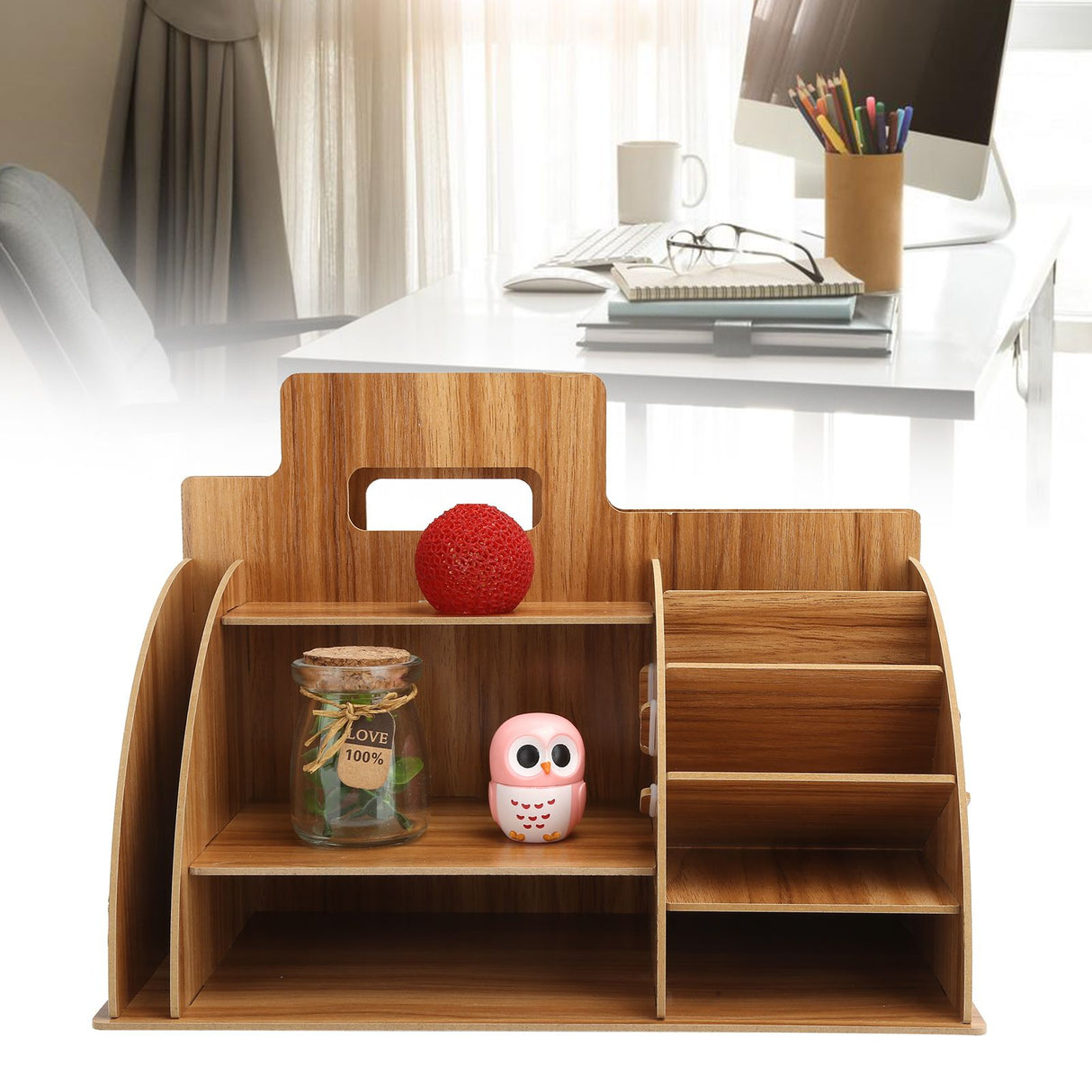 Wood Desktop Organizer Innovative Cosmetics Stationery Storage Rack for Home OfficeCherry Wood Color