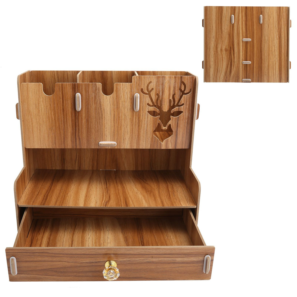 Desktop Organizer Wooden Pen Holder Storage Rack Stationery Supplies for Home OfficeCherry Wood Color
