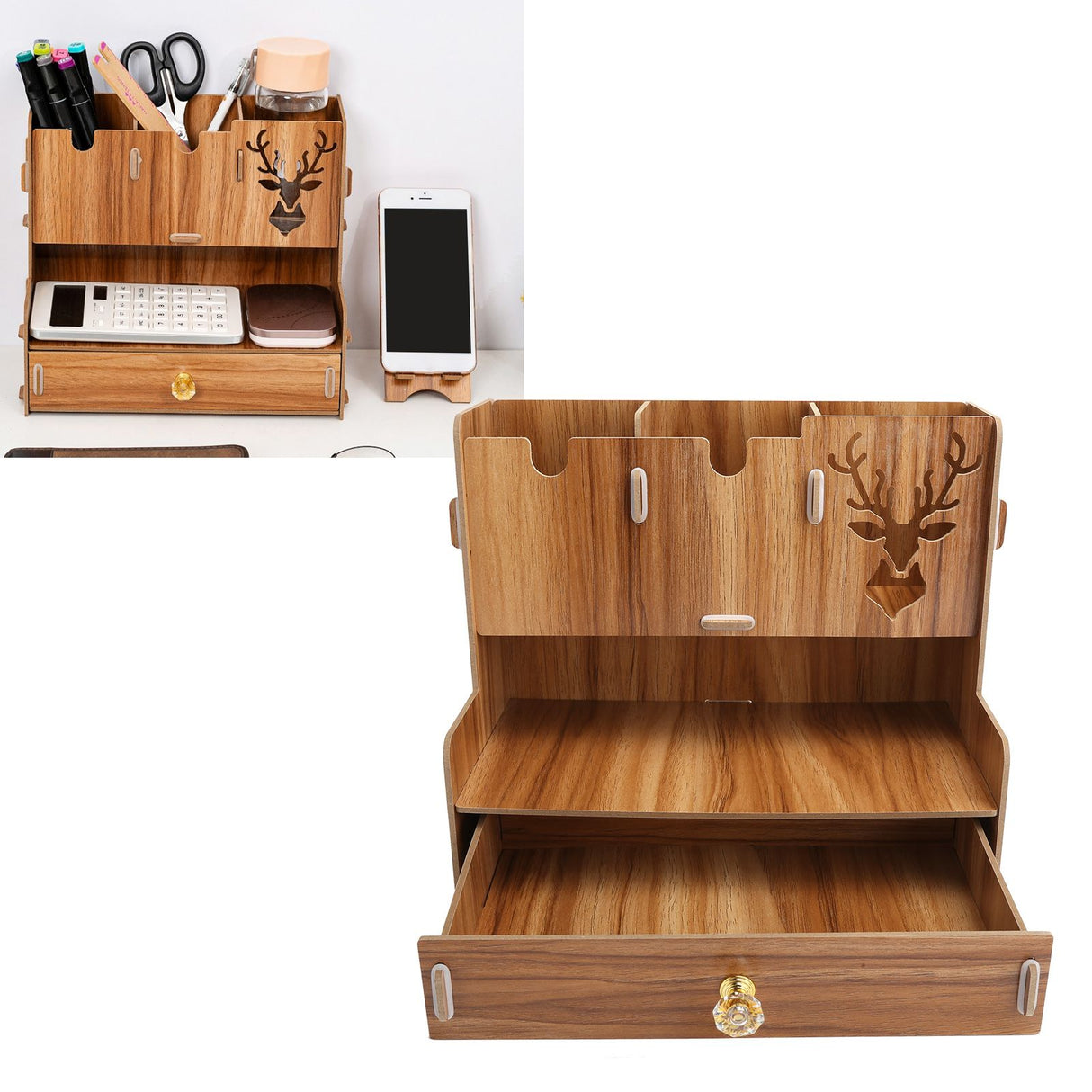 Desktop Organizer Wooden Pen Holder Storage Rack Stationery Supplies for Home OfficeCherry Wood Color