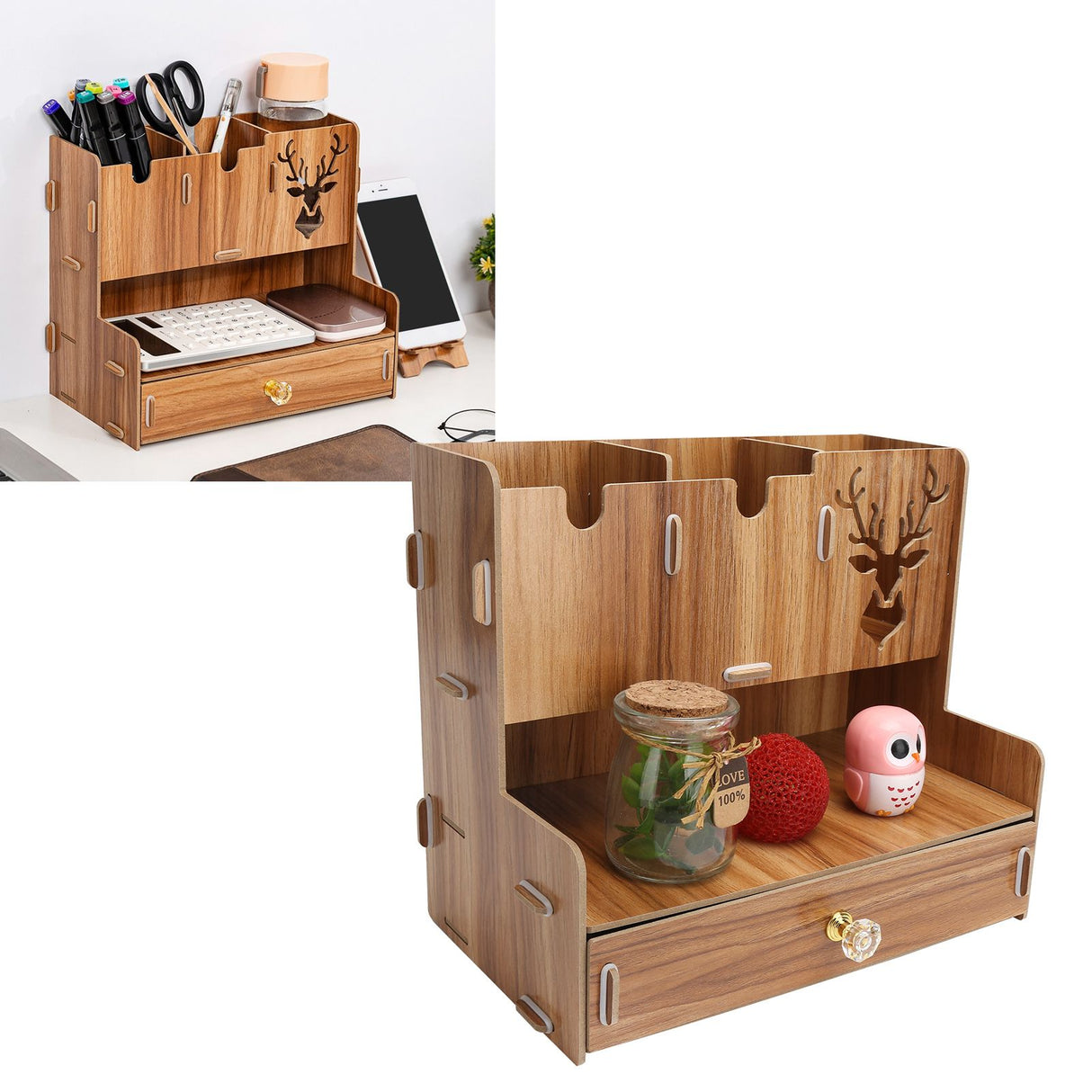 Desktop Organizer Wooden Pen Holder Storage Rack Stationery Supplies for Home OfficeCherry Wood Color