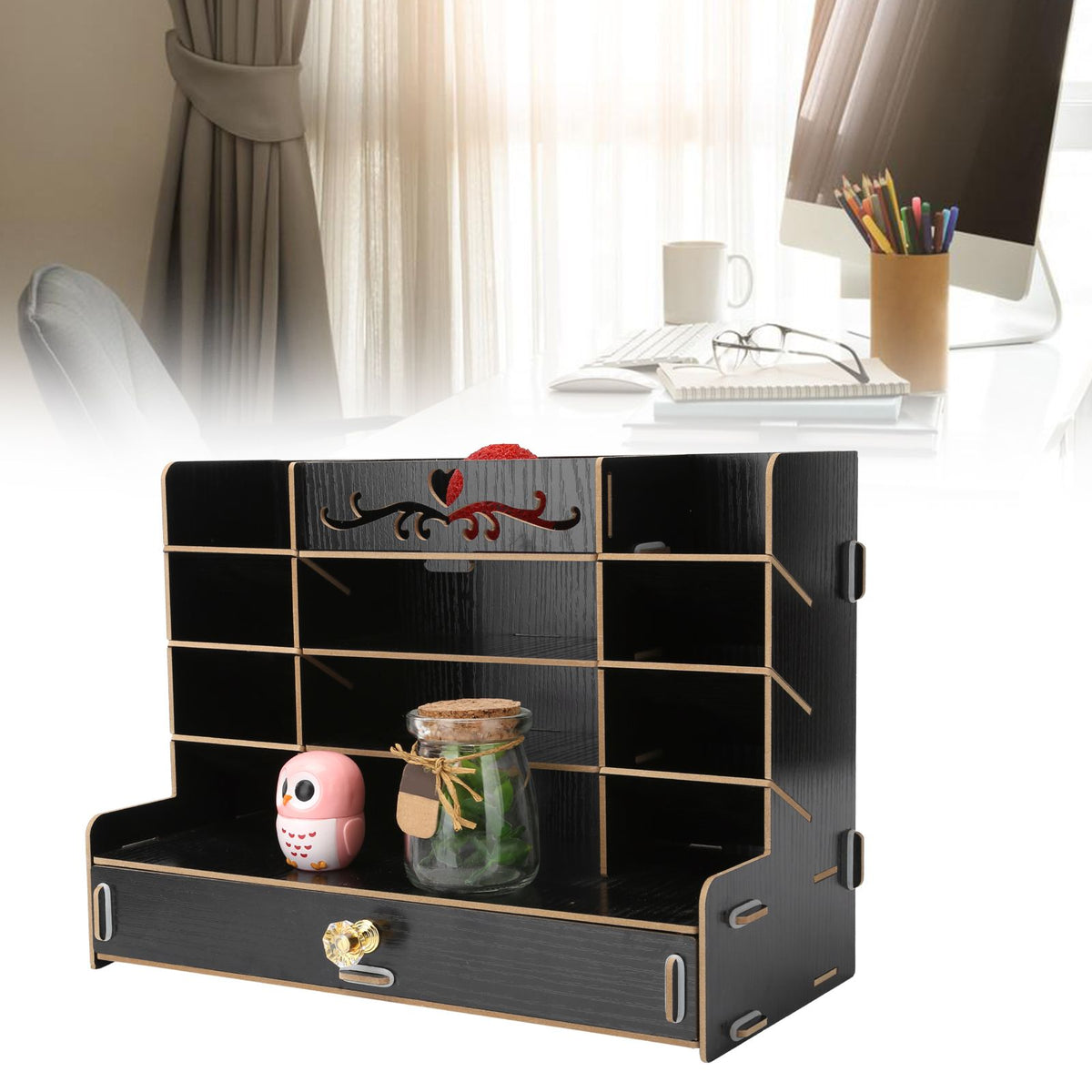 Wooden Storage Box Innovative Desktop Pen Holder Container Stationery Rack OrganizerBlack