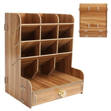 Wood Desktop Bookshelf Multi Function Pen Holder Stationery Box for Home Office Use(Cherry Wood Color )