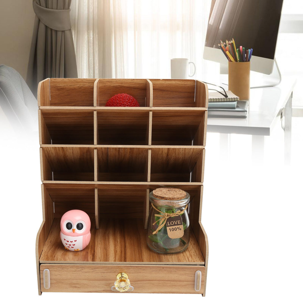 Wood Desktop Bookshelf Multi Function Pen Holder Stationery Box for Home Office Use(Cherry Wood Color )