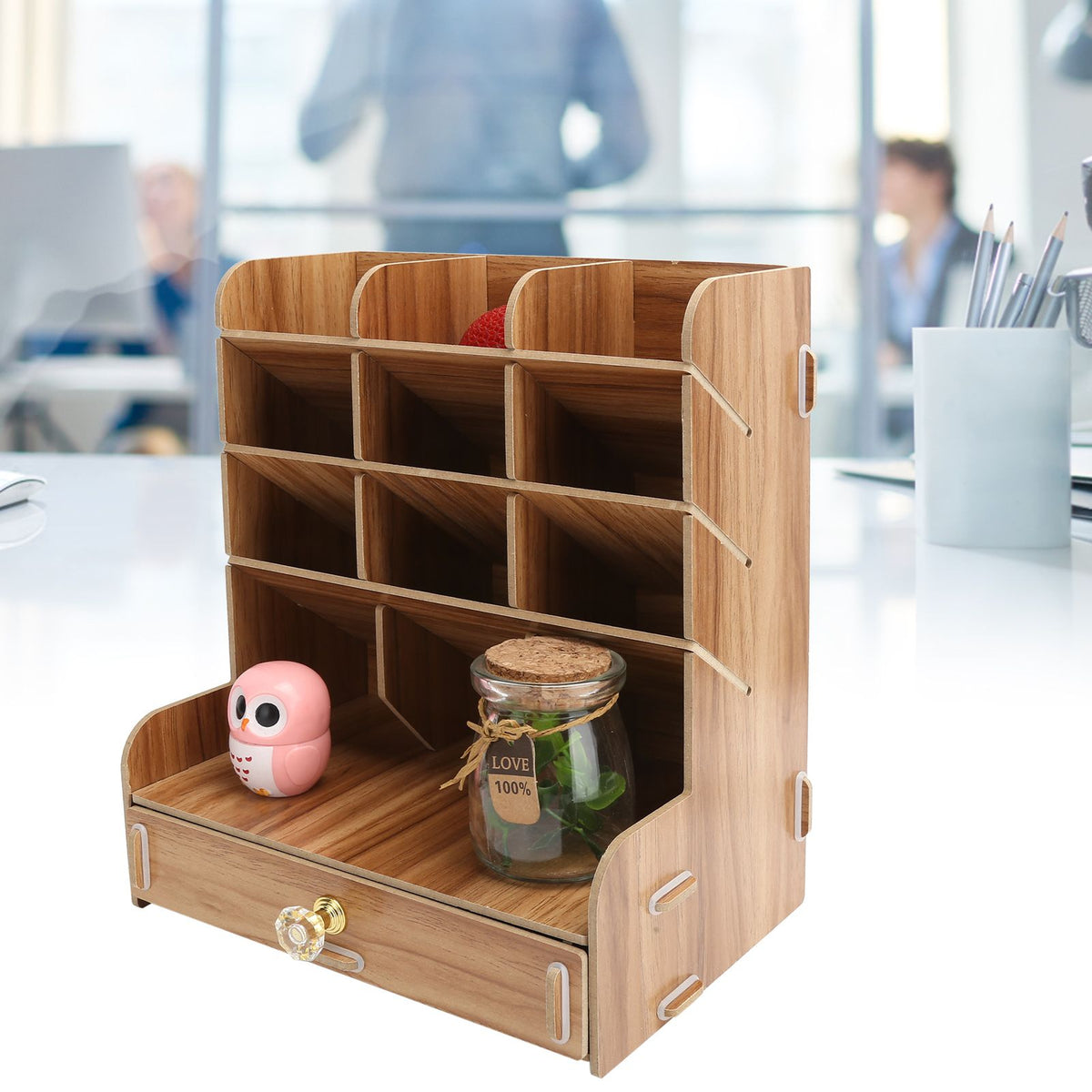 Wood Desktop Bookshelf Multi Function Pen Holder Stationery Box for Home Office Use(Cherry Wood Color )
