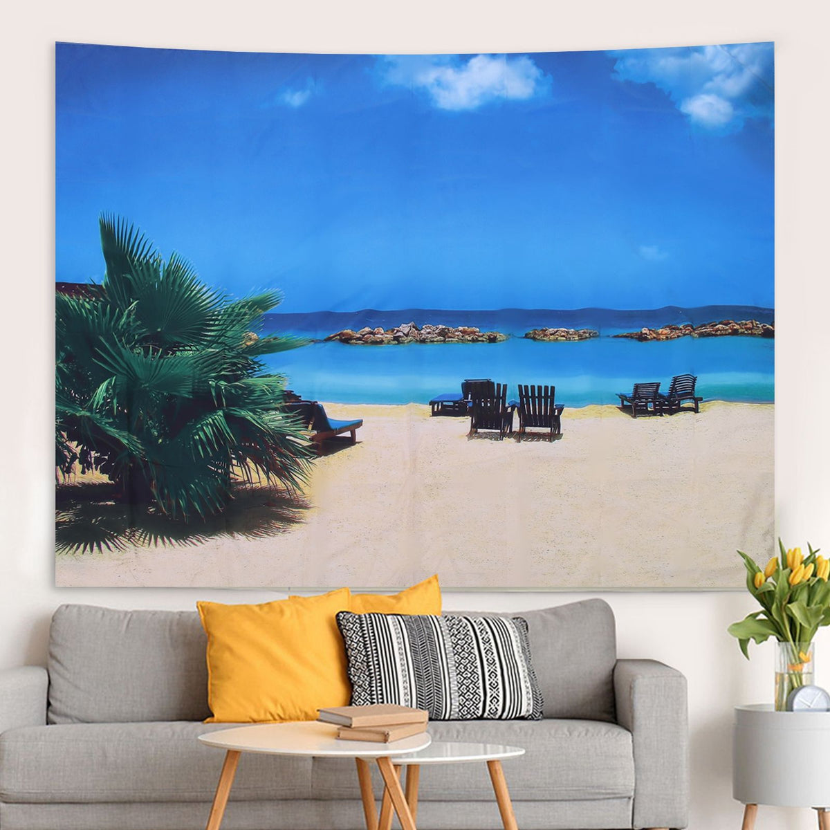 Wall Tapestry Beach Scenery Background Art Decoration for Home Living Room Bedroom150x130cm