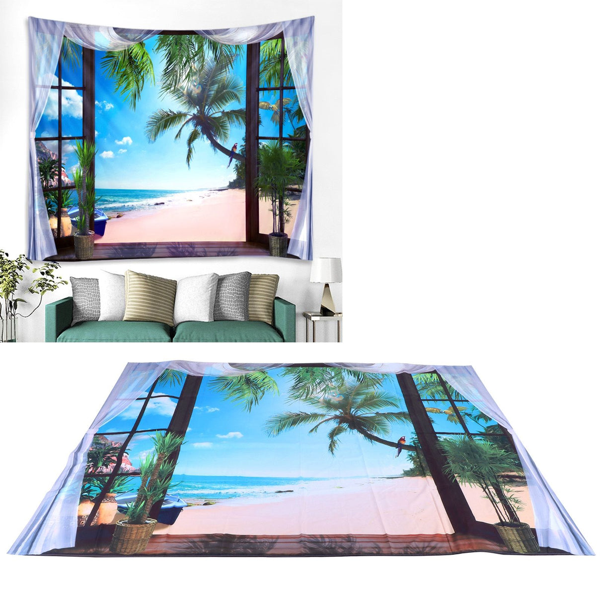 Window Beach Landscape Pattern Tapestry Wall Hanging for Living Room Bedroom Art Decor230x180cm