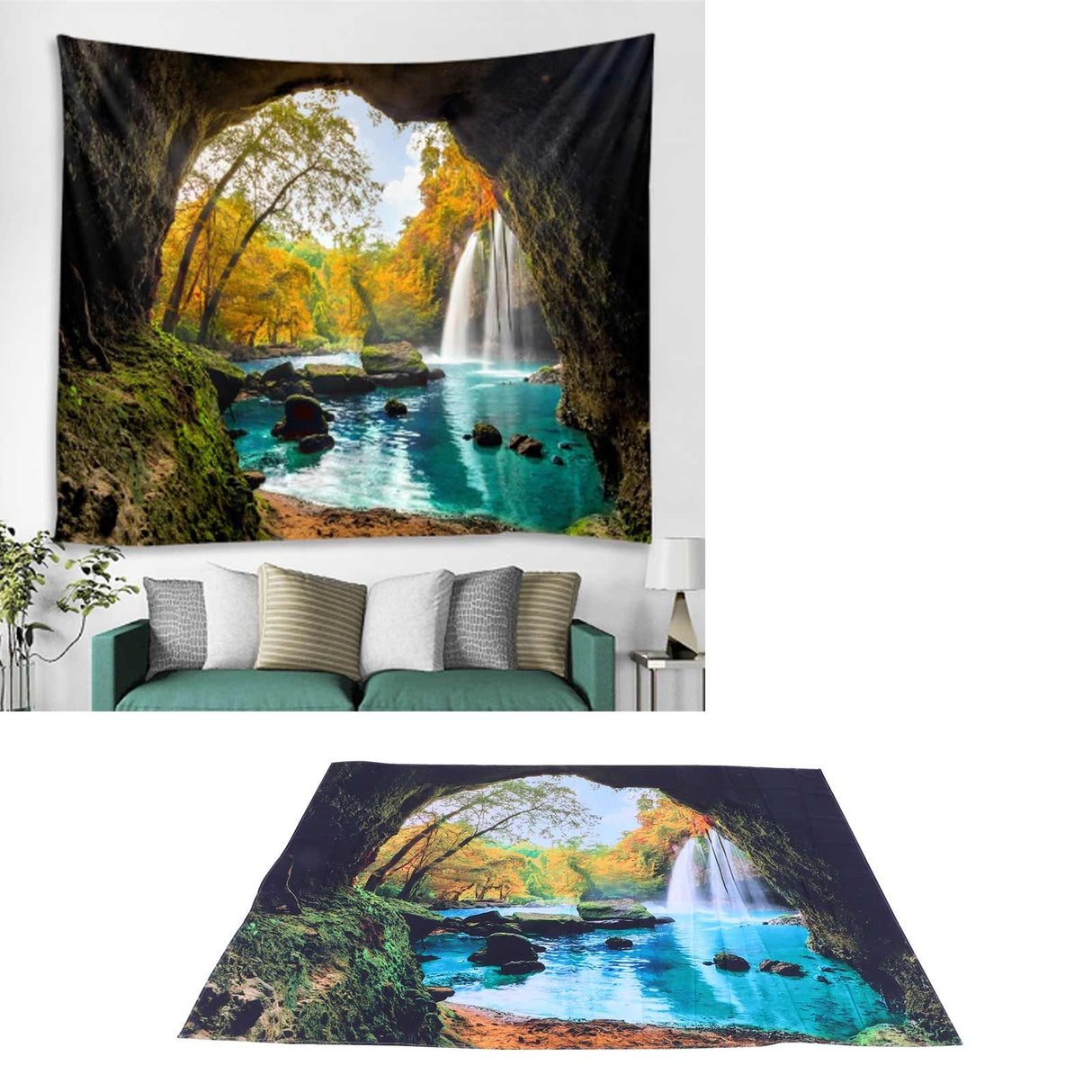 Cave River Landscape Pattern Tapestry Wall Hanging Wall Blanket for Bedroom Decor150x150cm