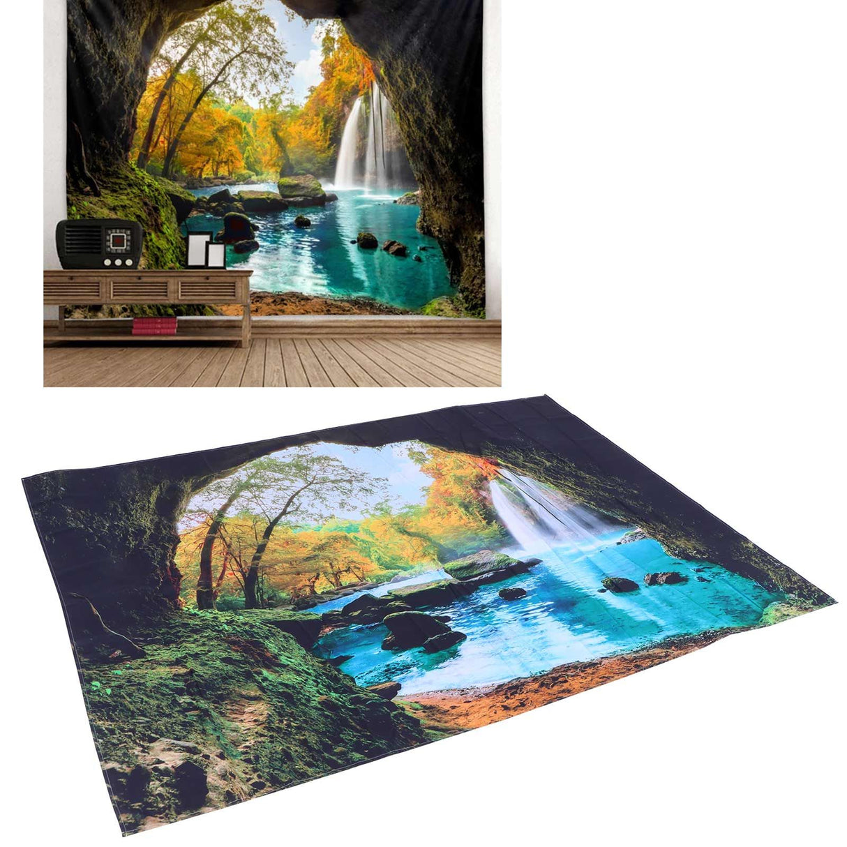 Cave River Landscape Pattern Tapestry Wall Hanging Wall Blanket for Bedroom Decor150x150cm
