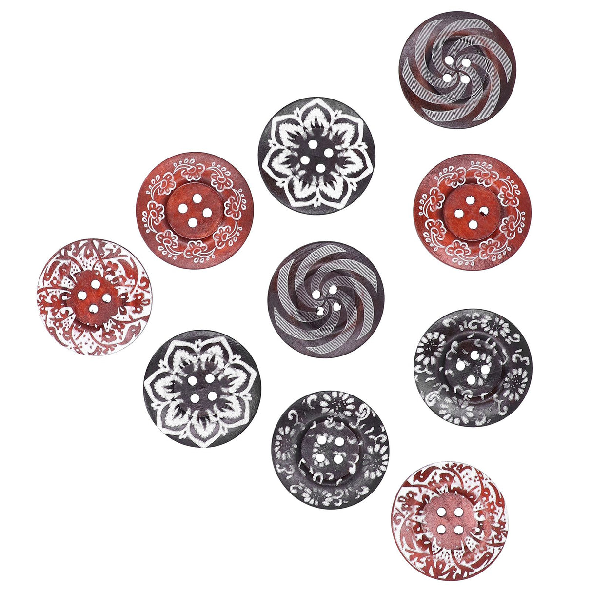 10Pcs Round Buttons Mixed Pattern Carving 4‑Holes Button DIY Art Crafts Supplies