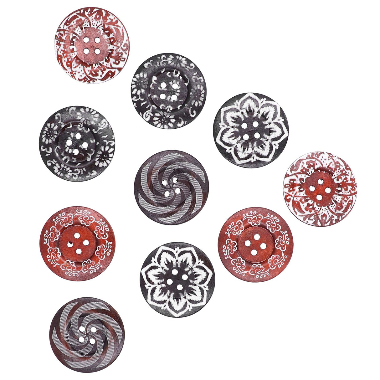 10Pcs Round Buttons Mixed Pattern Carving 4‑Holes Button DIY Art Crafts Supplies