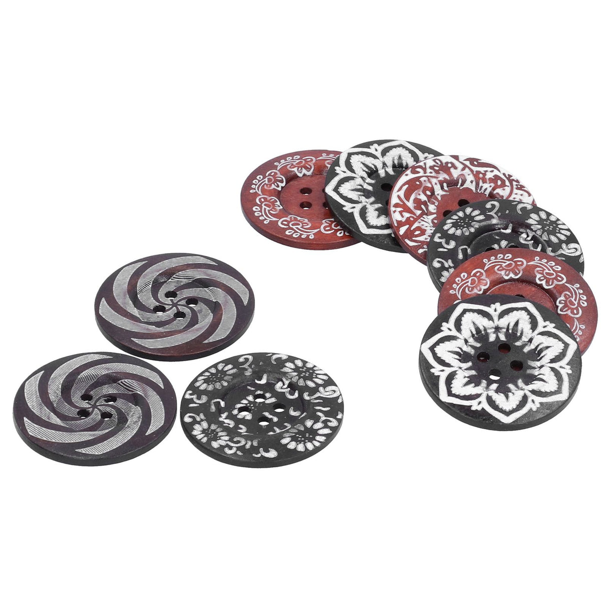 10Pcs Round Buttons Mixed Pattern Carving 4‑Holes Button DIY Art Crafts Supplies