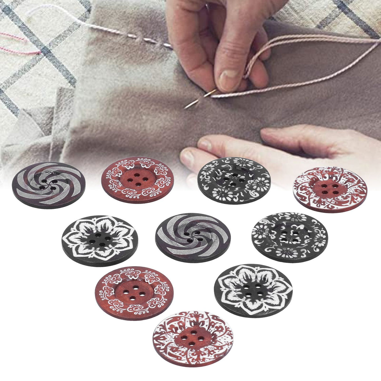 10Pcs Round Buttons Mixed Pattern Carving 4‑Holes Button DIY Art Crafts Supplies