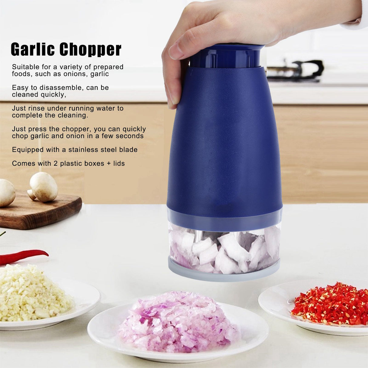 Manual Chopper Hand Press Garlic Ginger Garlic Chop Cutter Household with 2pcs Plastic BoxBlue