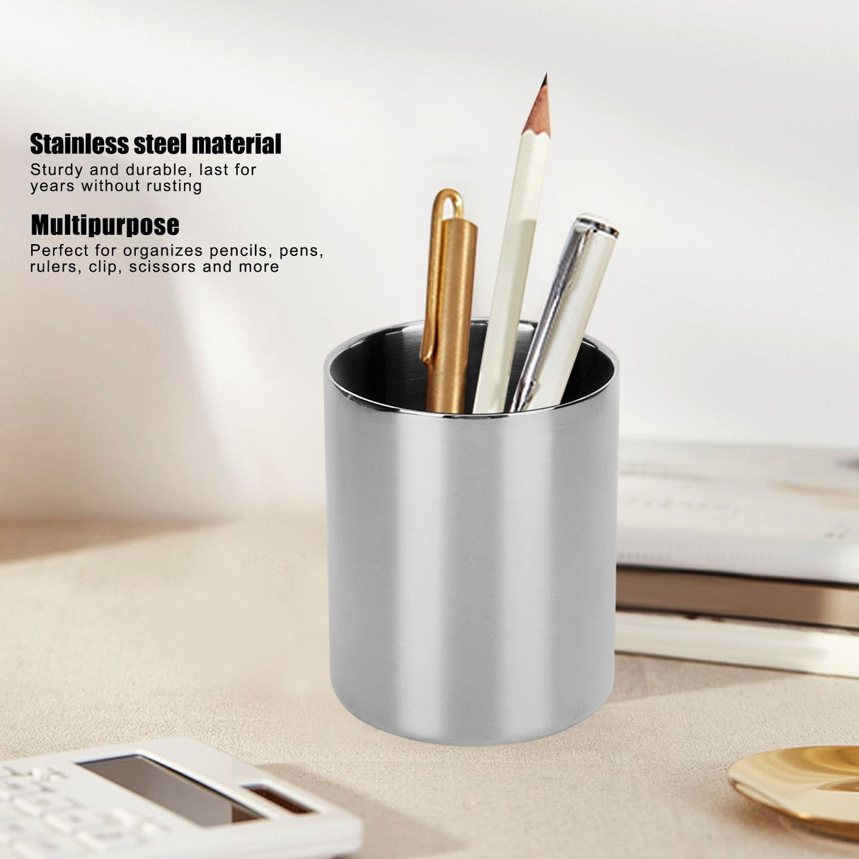 Stainless Steel Pencil Cup Holder Desk Organizer Flower Vases Pen Makeup Brush ContainerSilver