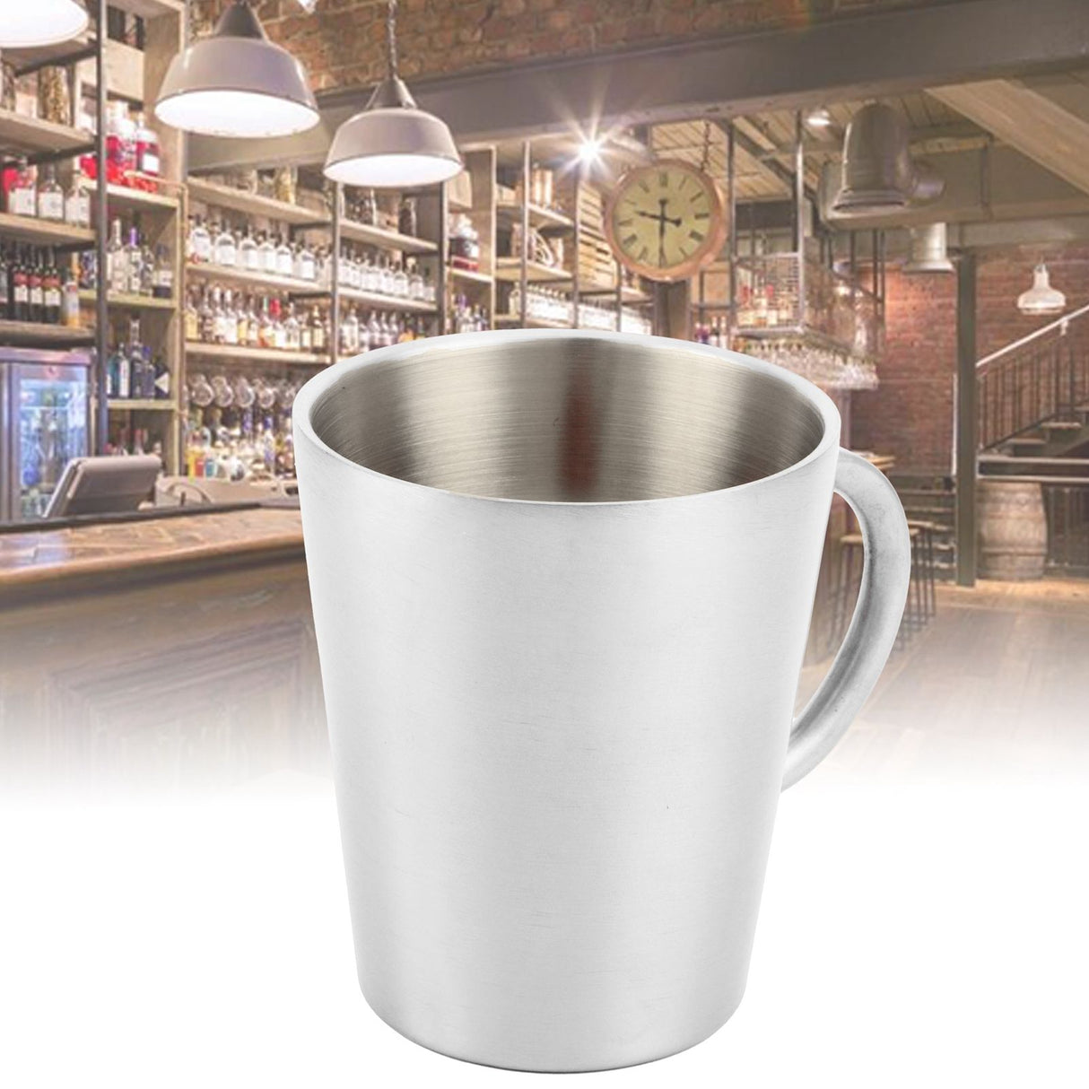 300ml Portable Mug 304 Stainless Steel Double Walled Insulated Coffee Beer Cup with HandleGlossy Silver