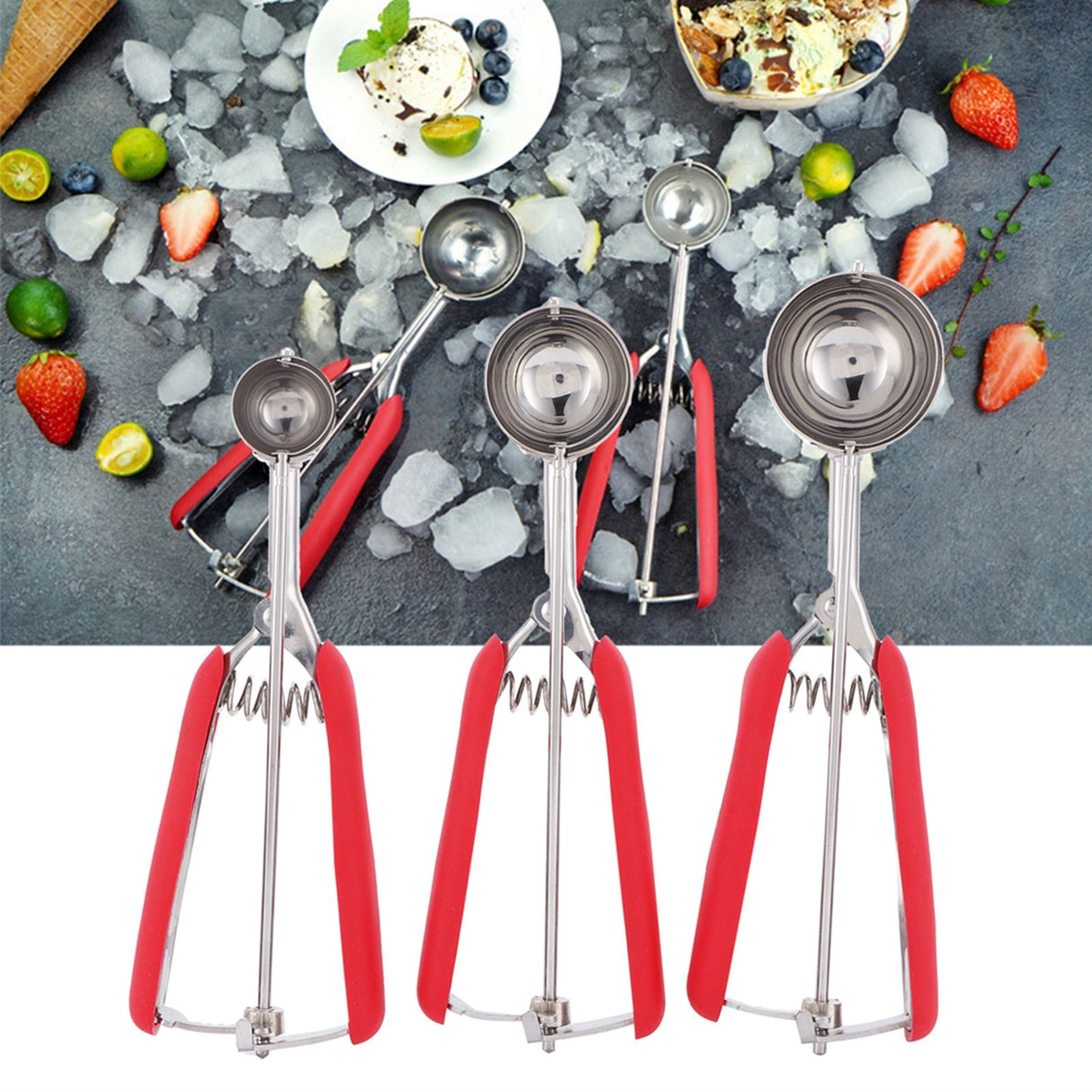 3PCS Ice Cream Scoop Cookies Scoop Set Stainless Steel Ice Cream Spoon Watermelon DiggerRed