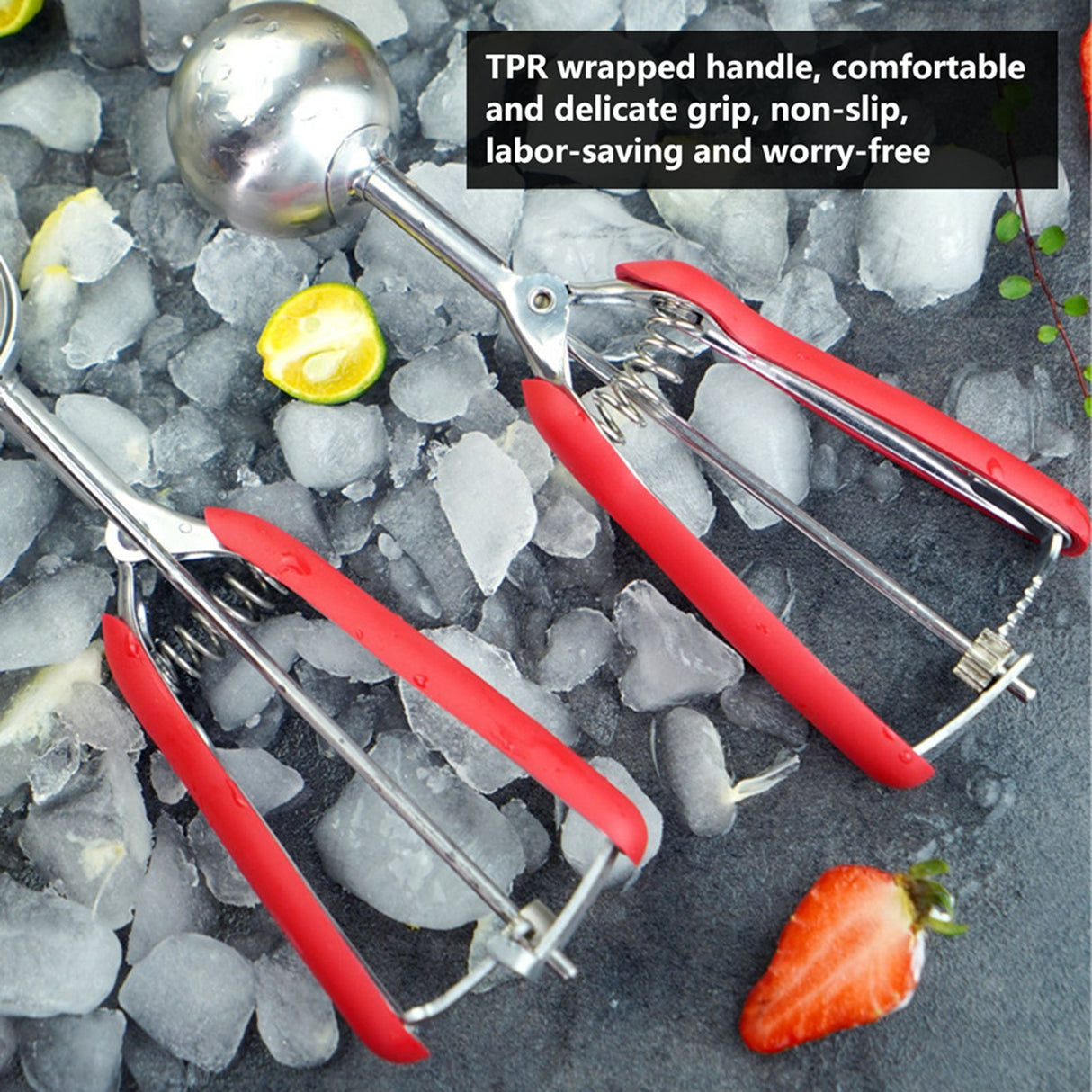 3PCS Ice Cream Scoop Cookies Scoop Set Stainless Steel Ice Cream Spoon Watermelon DiggerRed