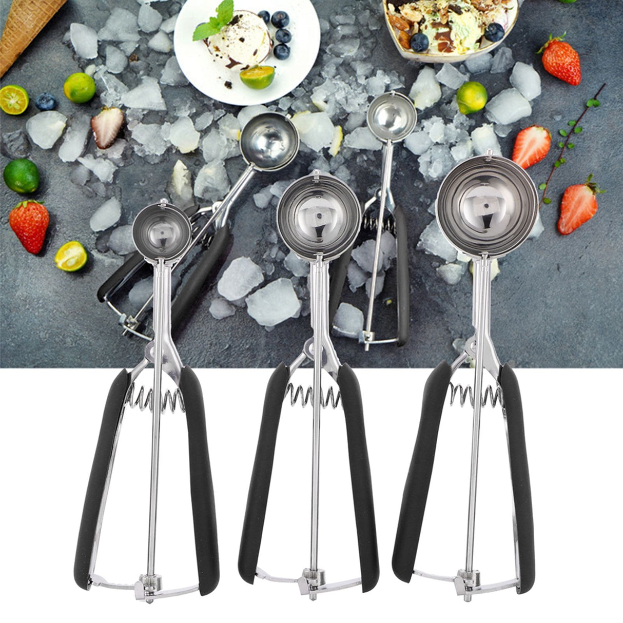 3PCS Ice Cream Scoop Cookies Scoop Set Stainless Steel Ice Cream Spoon Watermelon DiggerBlack