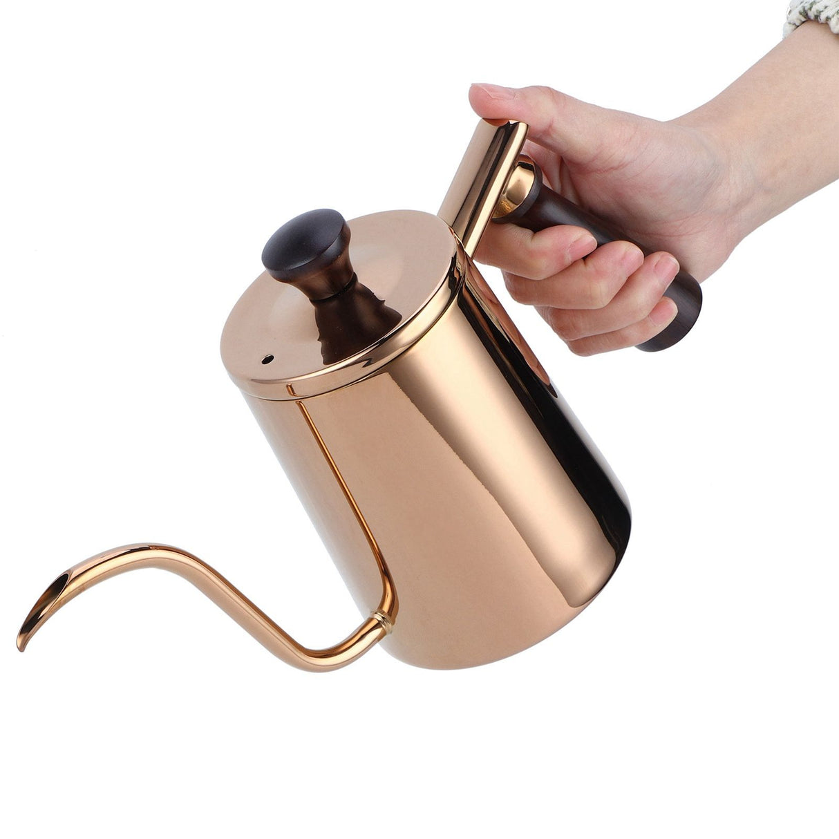 700ml Coffee Kettle 304 Stainless Steel Gooseneck Spout Coffee Drip Pot with Wooden HandleLong Spout‑Rose Gold
