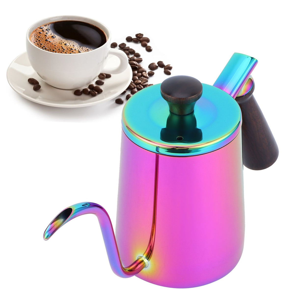 700ml Coffee Kettle 304 Stainless Steel Gooseneck Spout Coffee Drip Pot with Wooden HandleLong Spout‑ Colorful