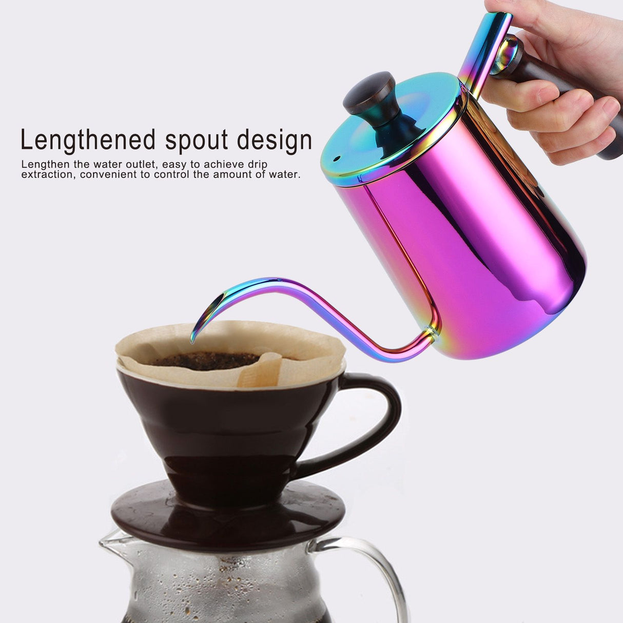 700ml Coffee Kettle 304 Stainless Steel Gooseneck Spout Coffee Drip Pot with Wooden HandleLong Spout‑ Colorful