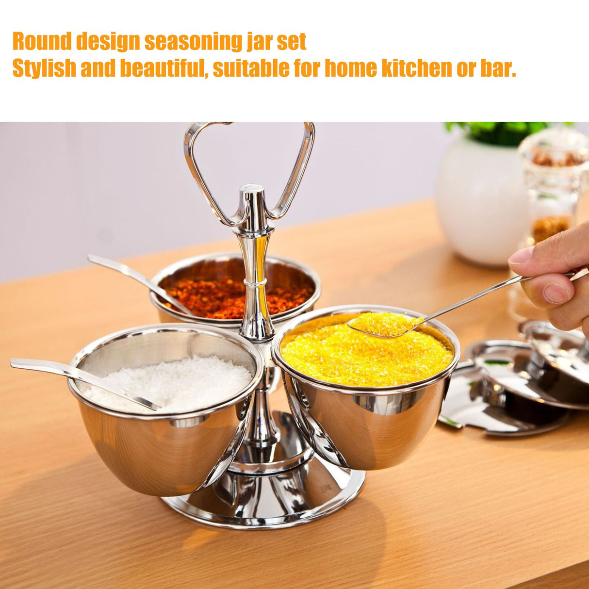 Spice Rack Kitchen Stainless Steel Seasoning Pots Condiment Set Rotating Spice Rack OrganizerJ13390(3) 3Pcs Rotating Seasoning Pot Set