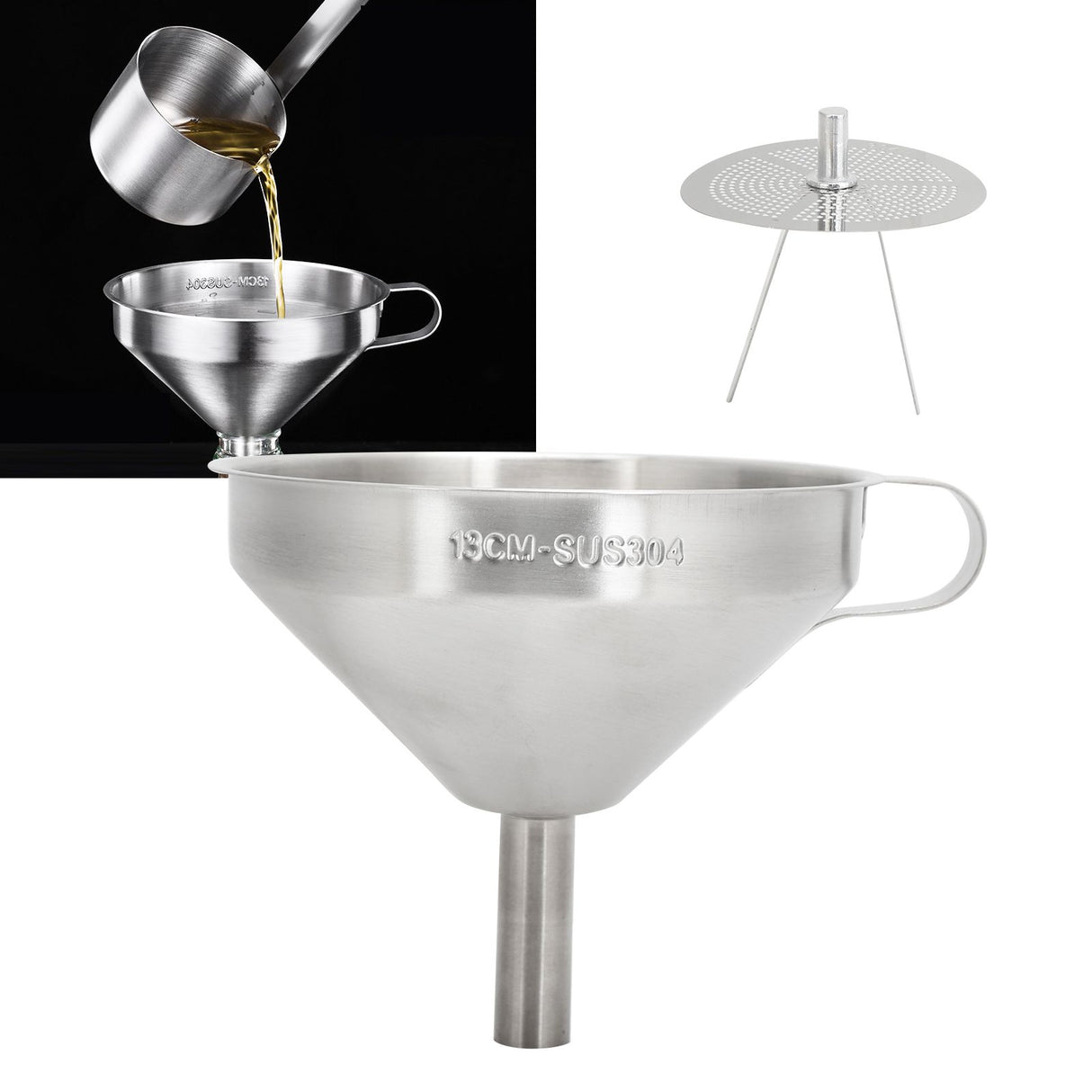 304 Stainless Steel Kitchen Funnel with Filter for Transferring of Liquid Dry Ingredients13cm Mouth Diameter