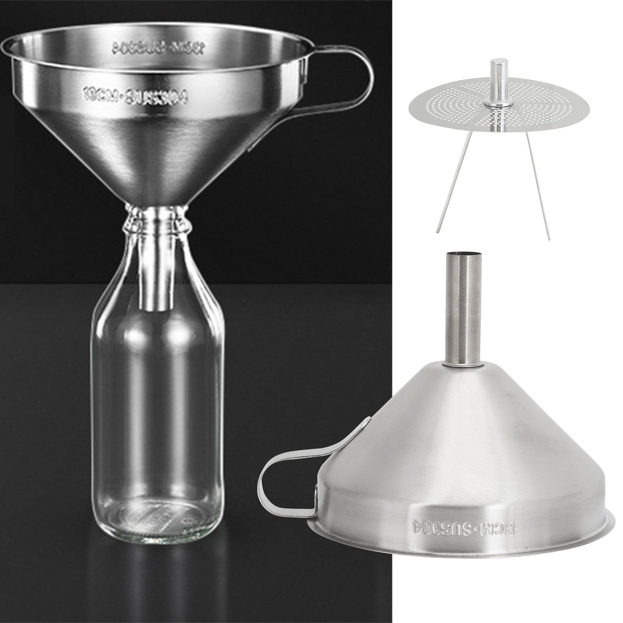 304 Stainless Steel Kitchen Funnel with Filter for Transferring of Liquid Dry Ingredients13cm Mouth Diameter