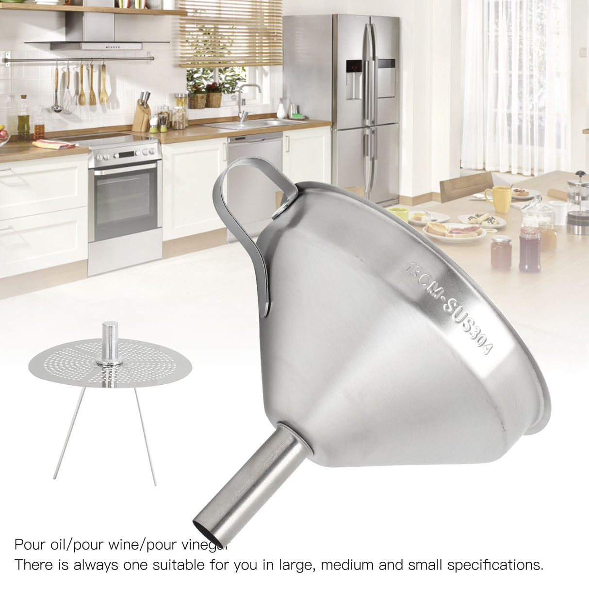 304 Stainless Steel Kitchen Funnel with Filter for Transferring of Liquid Dry Ingredients13cm Mouth Diameter
