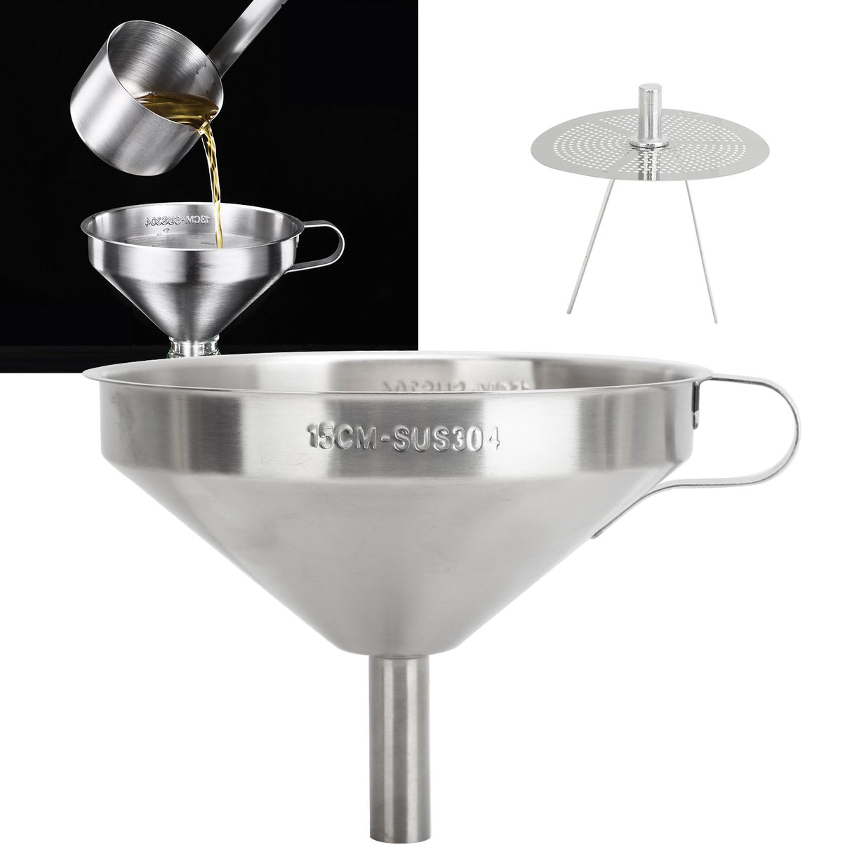 304 Stainless Steel Kitchen Funnel with Filter for Transferring of Liquid Dry Ingredients15cm Mouth Diameter