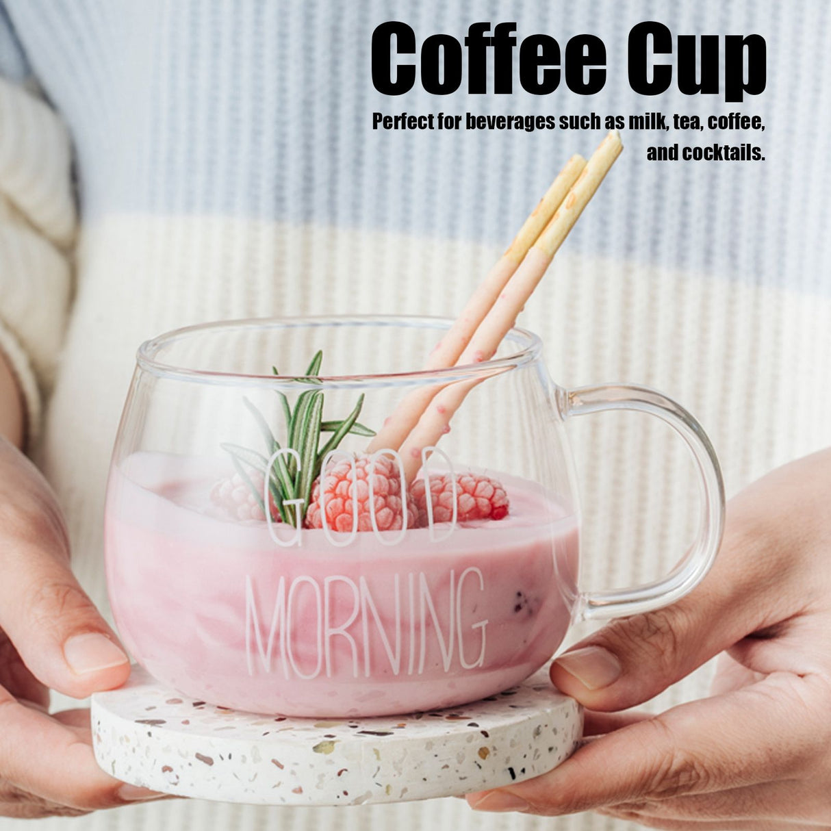 Coffee Cup Transparent Borosilicate Glass Mug with Handle for Milk Tea Cocktail BeverageWhite Label