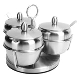 Stainless Steel Seasoning Pot Spice Salt Sugar Bowl Container with Rotating Storage Rack Lid Spoon