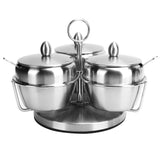 Stainless Steel Seasoning Pot Spice Salt Sugar Bowl Container with Rotating Storage Rack Lid Spoon