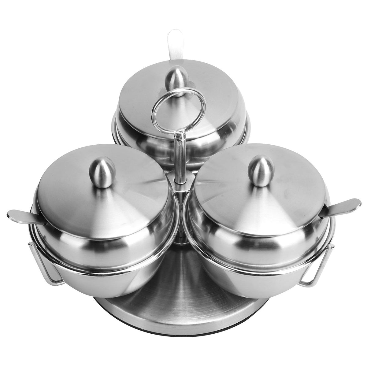Stainless Steel Seasoning Pot Spice Salt Sugar Bowl Container with Rotating Storage Rack Lid Spoon