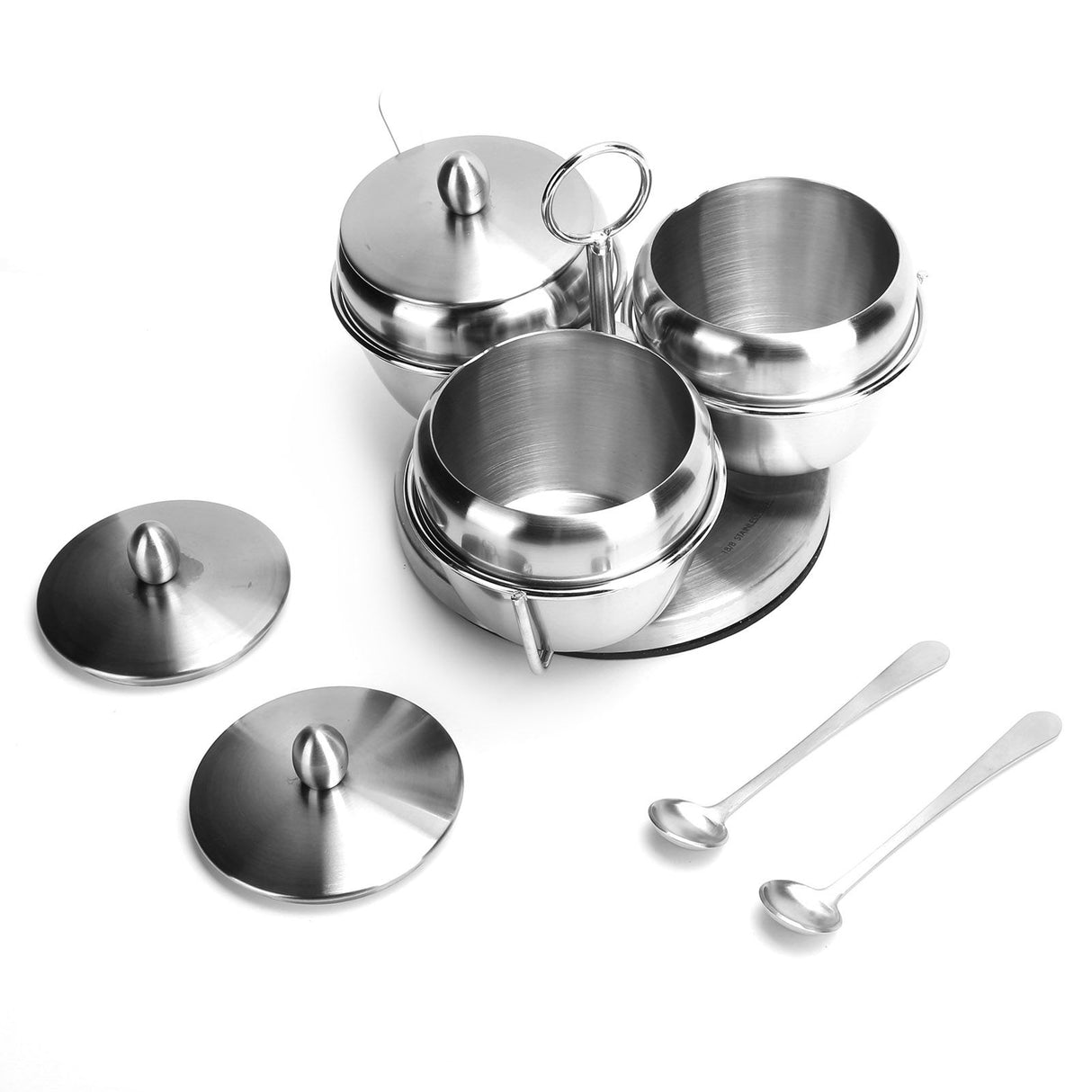 Stainless Steel Seasoning Pot Spice Salt Sugar Bowl Container with Rotating Storage Rack Lid Spoon