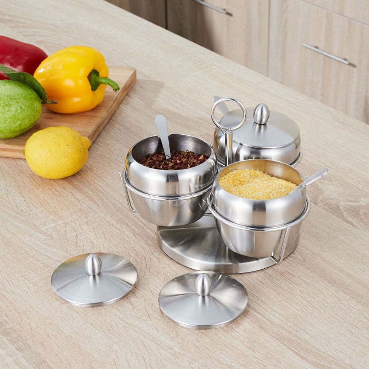 Stainless Steel Seasoning Pot Spice Salt Sugar Bowl Container with Rotating Storage Rack Lid Spoon