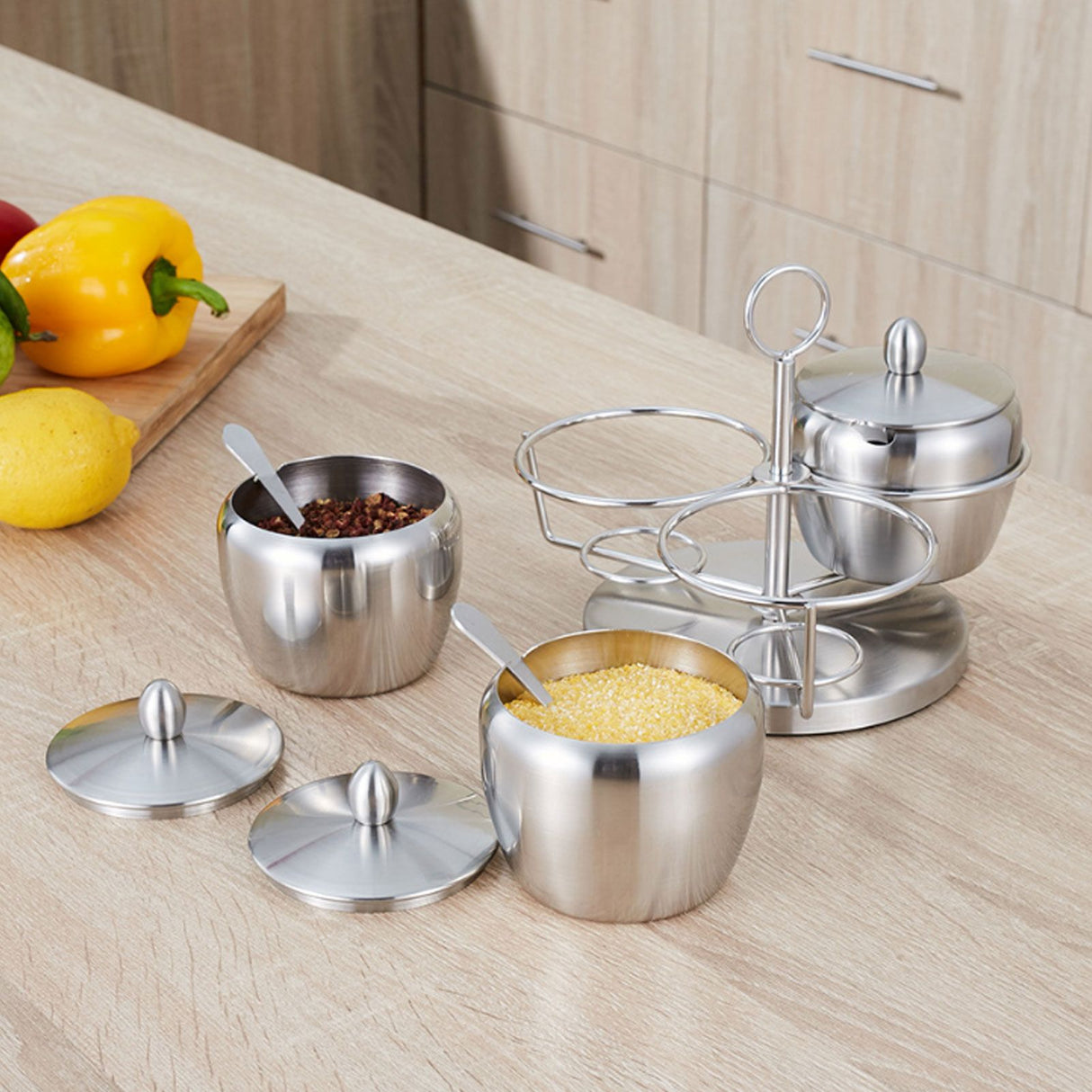 Stainless Steel Seasoning Pot Spice Salt Sugar Bowl Container with Rotating Storage Rack Lid Spoon