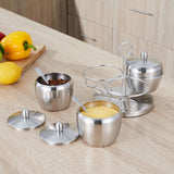 Stainless Steel Seasoning Pot Spice Salt Sugar Bowl Container with Rotating Storage Rack Lid Spoon - Extra Image