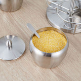 Stainless Steel Seasoning Pot Spice Salt Sugar Bowl Container with Rotating Storage Rack Lid Spoon - Extra Image