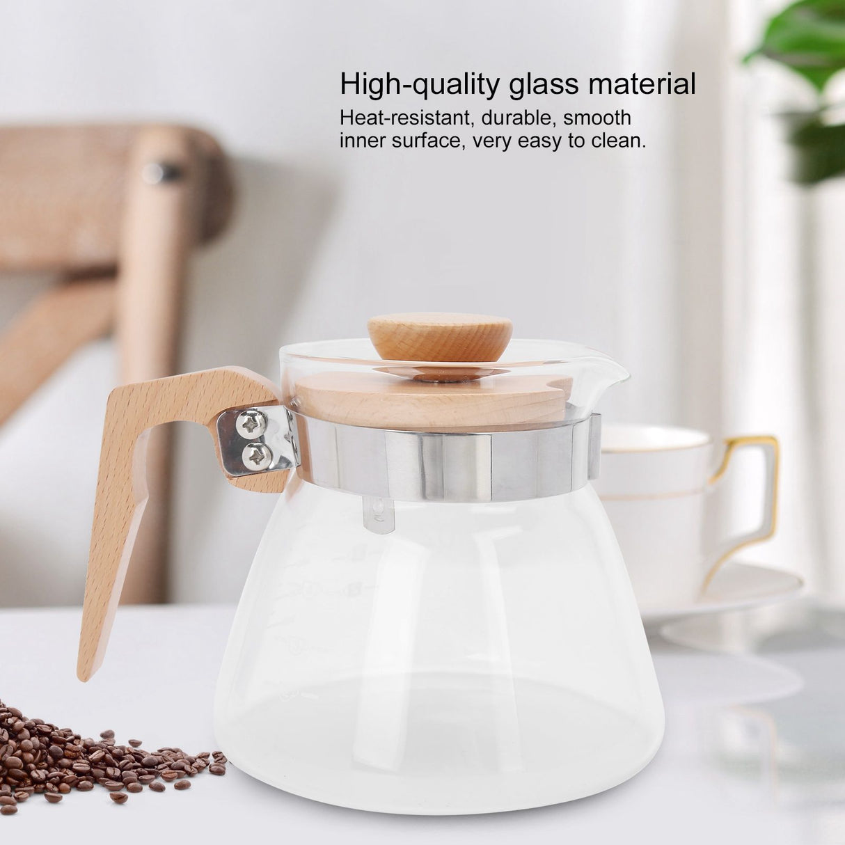 Pour Over Coffee Maker 600ml Glass Coffee Server Pot with Wooden Handle Lid for Home Office