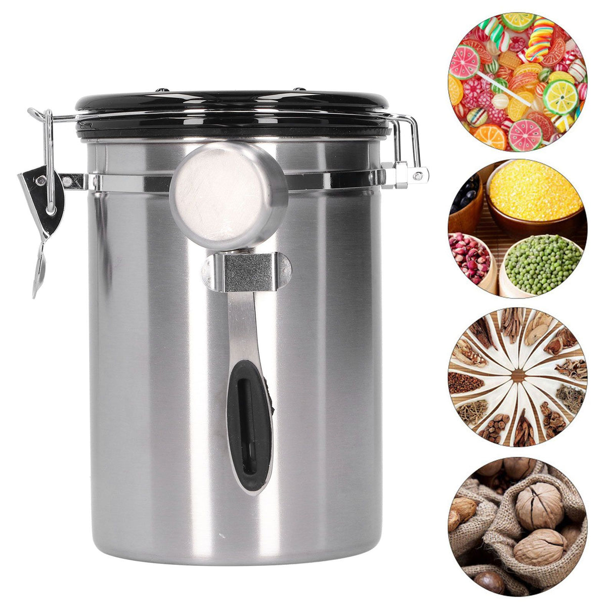 Coffee Bean Container with Exhaust Valve Tea Leaf Storage Canister for Kitchen Use(Silver Spoon 1.8L (Filled 750g Coffee Bean))