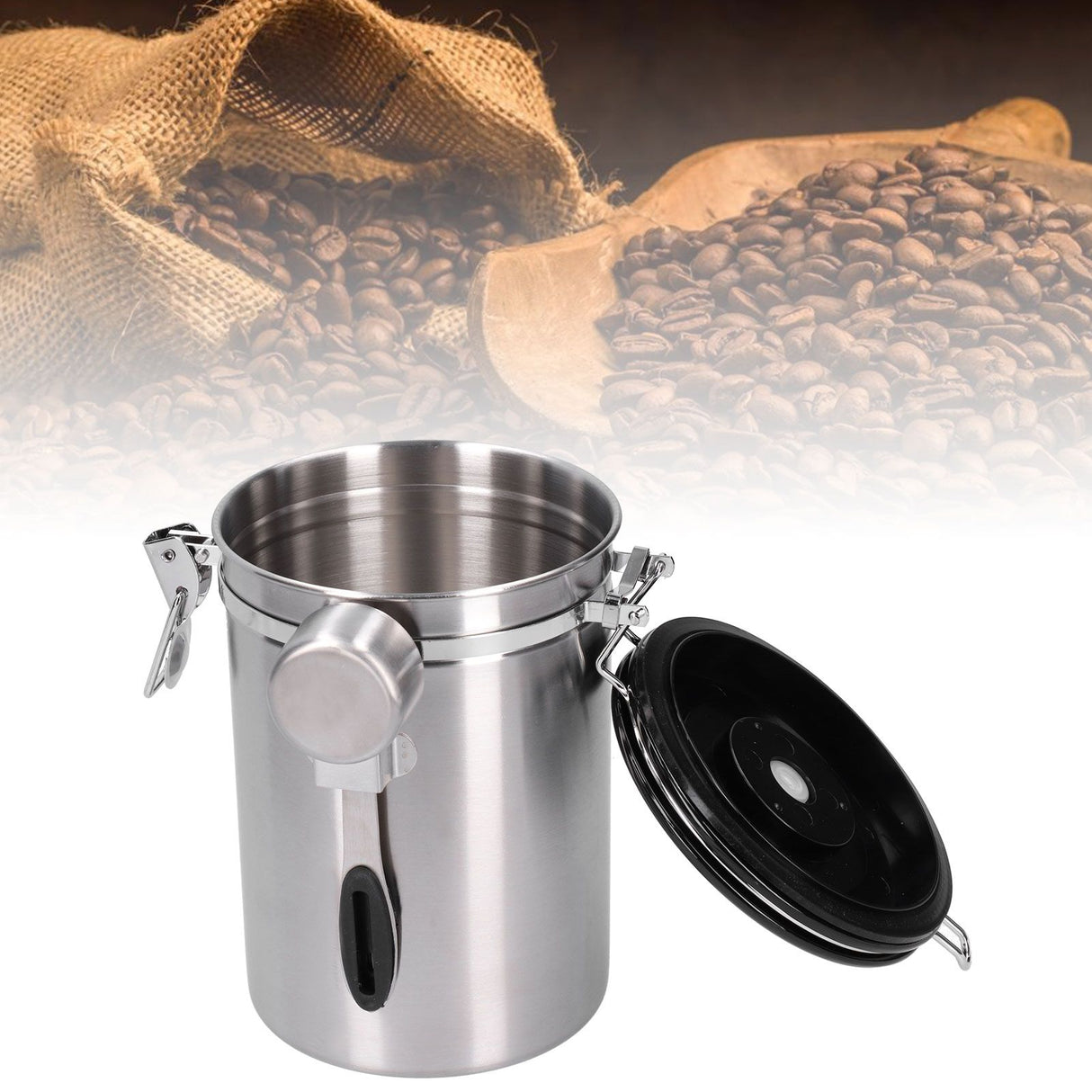 Coffee Bean Container with Exhaust Valve Tea Leaf Storage Canister for Kitchen Use(Silver Spoon 1.8L (Filled 750g Coffee Bean))