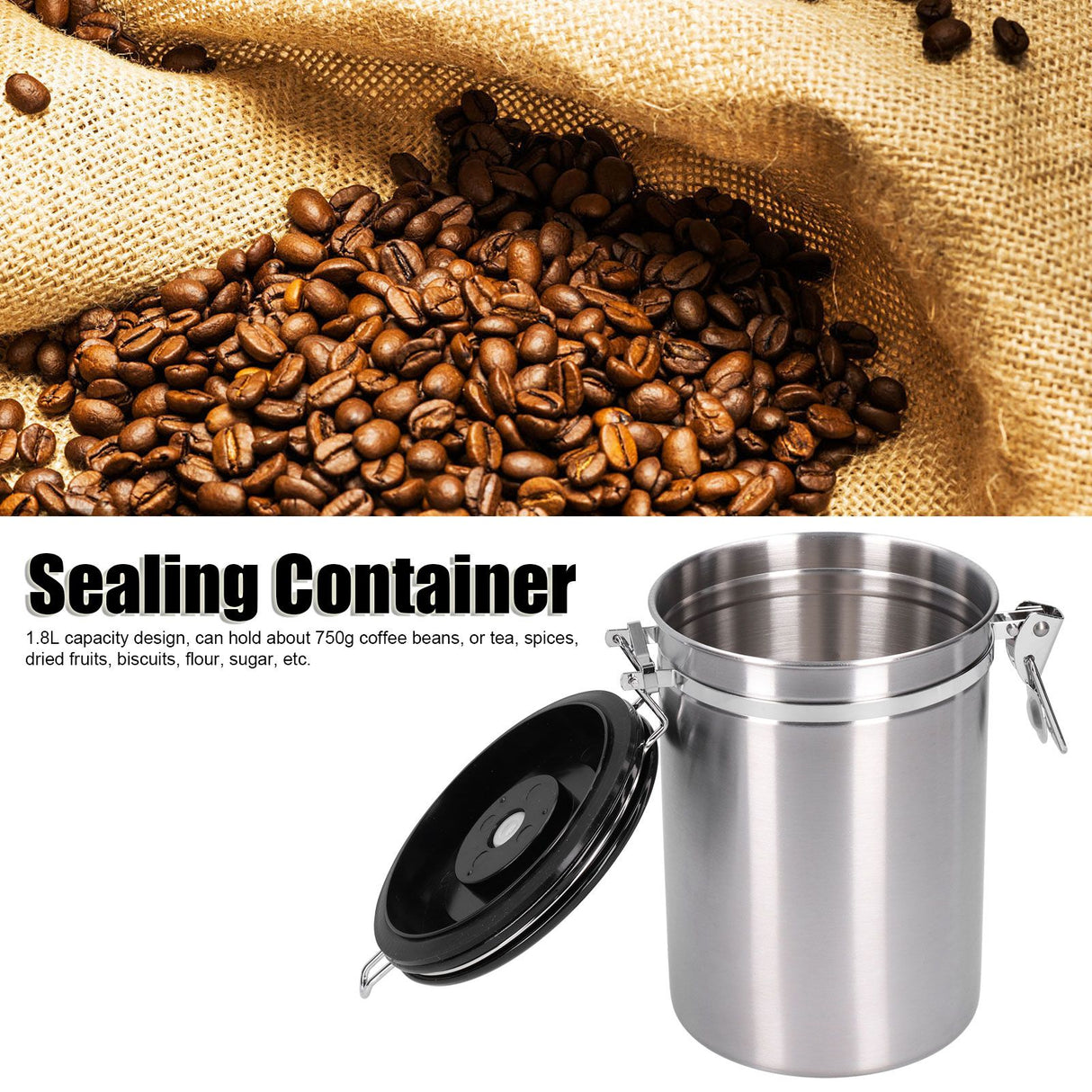 Coffee Bean Container with Exhaust Valve Tea Leaf Storage Canister for Kitchen Use(Silver Spoon 1.8L (Filled 750g Coffee Bean))