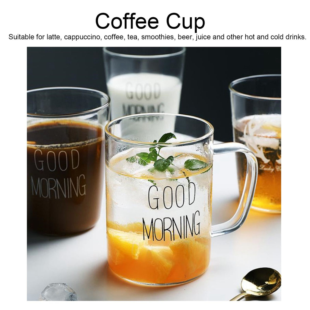 350ML Transparent Milk Coffee Mug with Handle Glass Water Cup Drinkware Kitchen UtensilBlack Letter