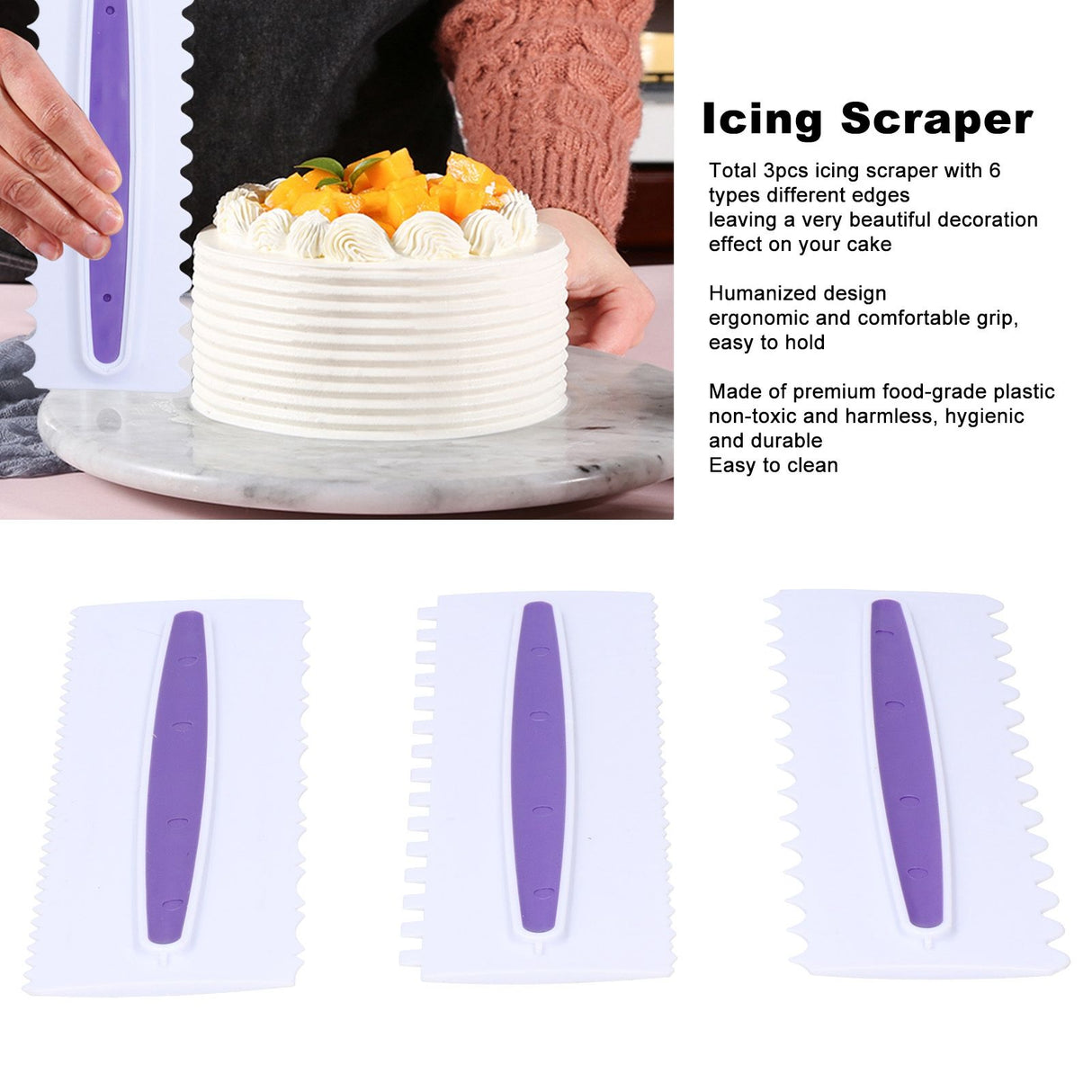 3Pcs Cake Icing Spatula Frosting Scraper Comb Edge Smoothing Decorating Tool Plastic