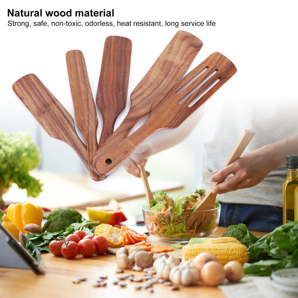 5Pcs/Set Wooden Spatulas Turner Cooking Utensil Kit Tableware Kitchen Accessories