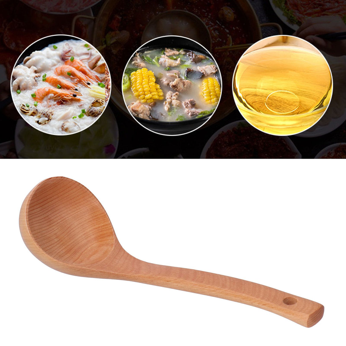 Soup Wooden Spoon with Hanging Hole Long Handle Lightweight 27.5x7.5cm/10.8x2.9in