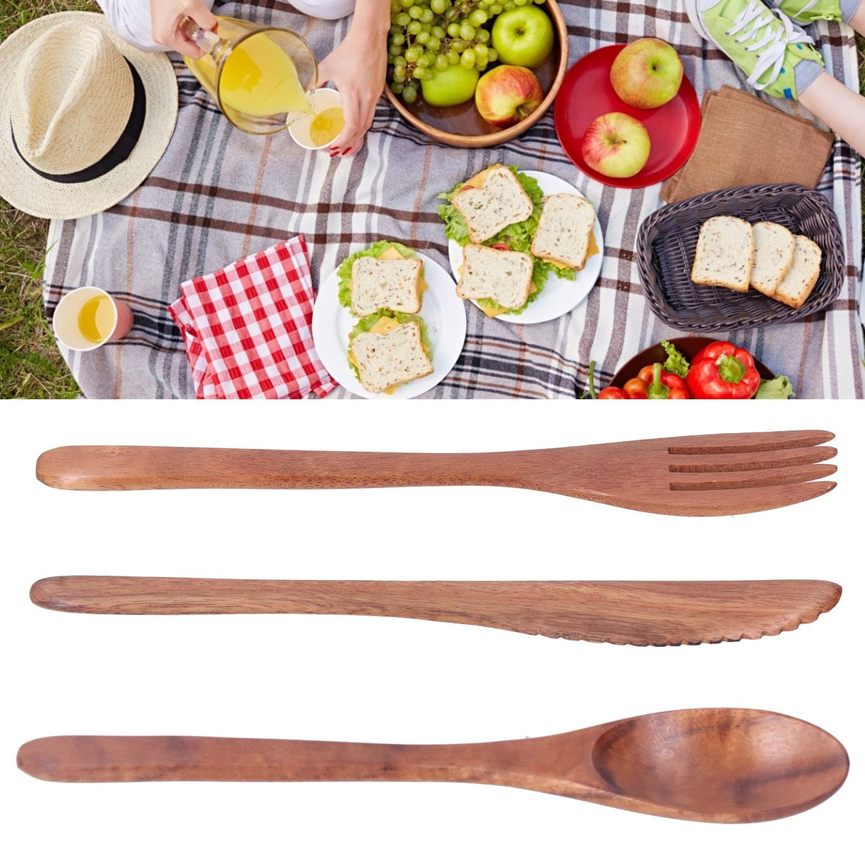 3PCS Wooden Tableware Sets Portable Fork Knife Spoon Cutlery Kitchen Dinnerware Accessories